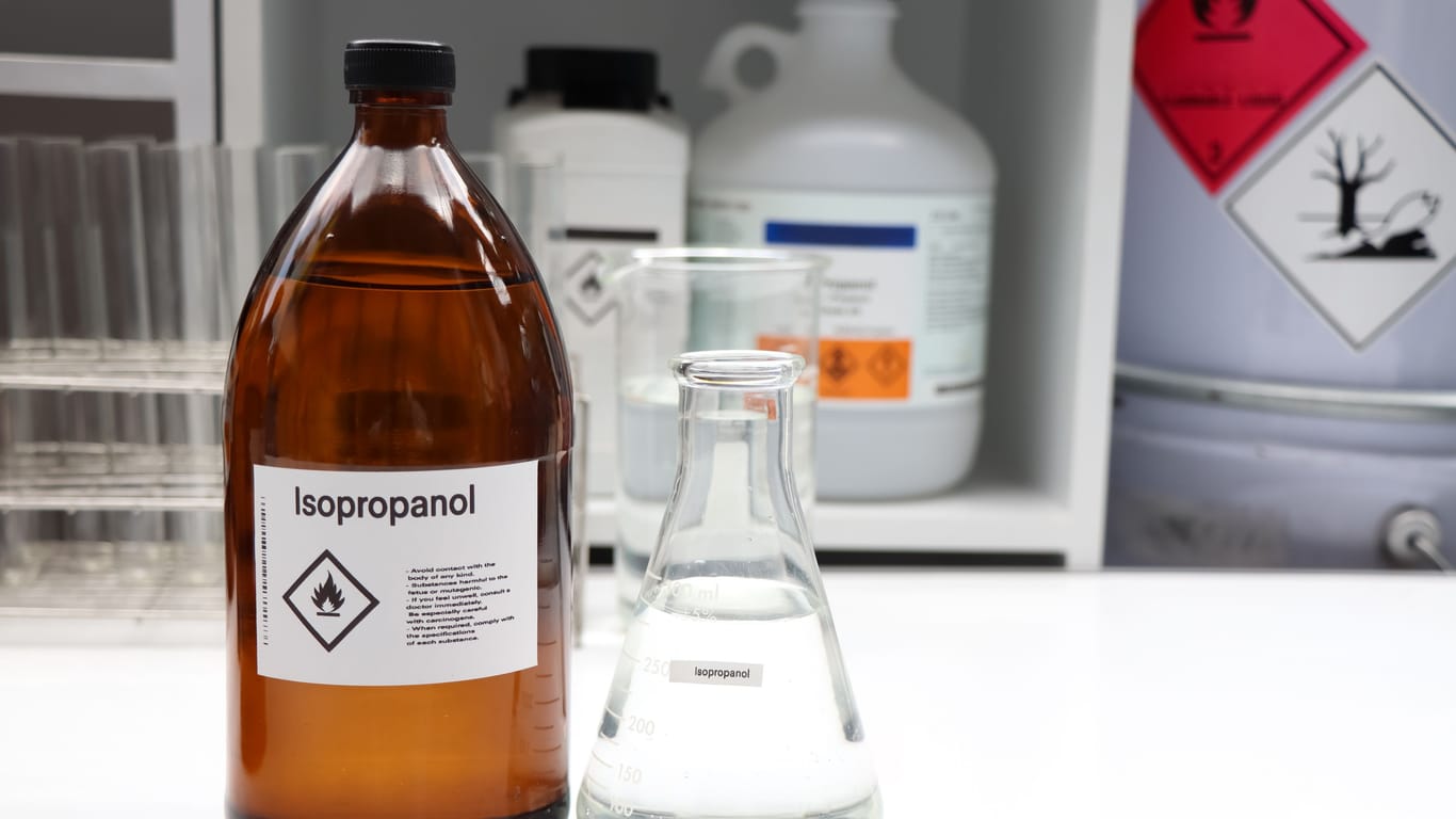 Isopropanol in glass, Hazardous chemicals and symbols on containers in industry