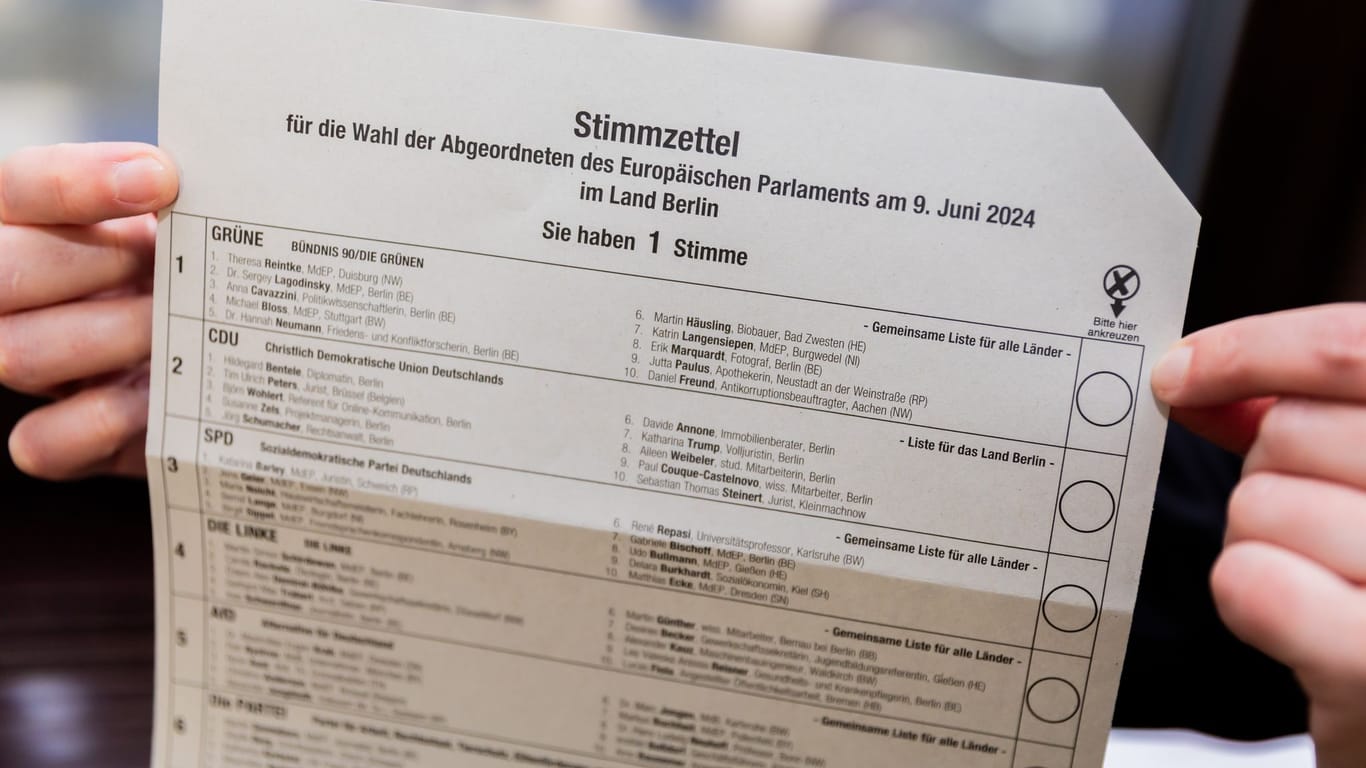 Ein Stimmzettel für die Europawahl 2024 des Landes Berlin (Archivbild): Die Wahllokale haben geöffnet.