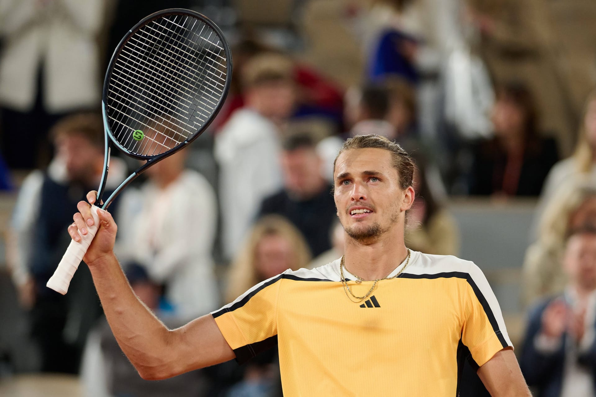 PARIS, June 6, 2024 -- Alexander Zverev celebrates the victory after the men s singles quarterfinal match between Alexander Zverev of Germany and Alex de Minaur of Australia at the French Open tennis tournament at Roland Garros, Paris, France