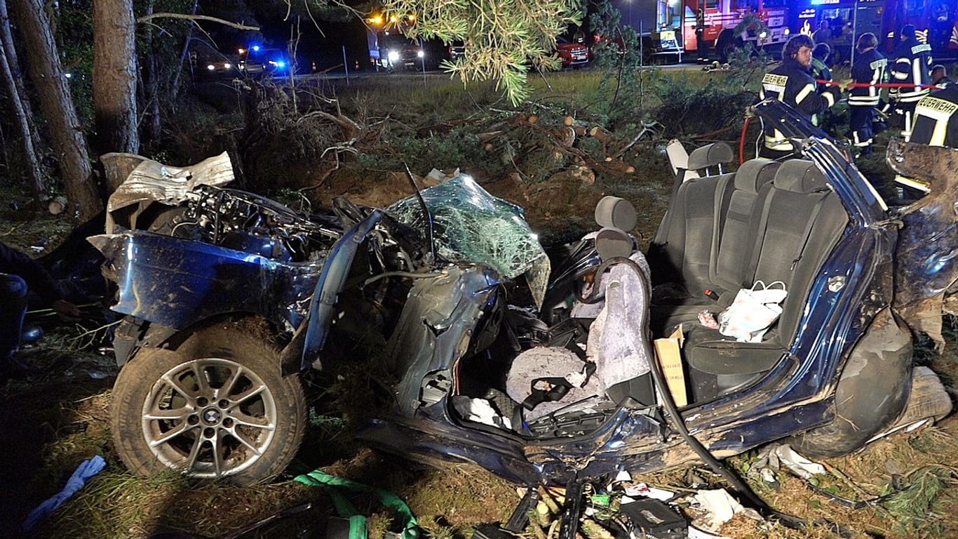 Das völlig zerstörte Unfallwrack: Das Fahrzeug war am Mittwochabend von der A24 abgekommen und gegen einen Baum geprallt.