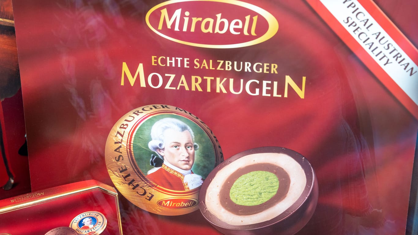 Wien, Austria - August 19, 2022: Mozartkugeln chocolate pastries in a famous city shop