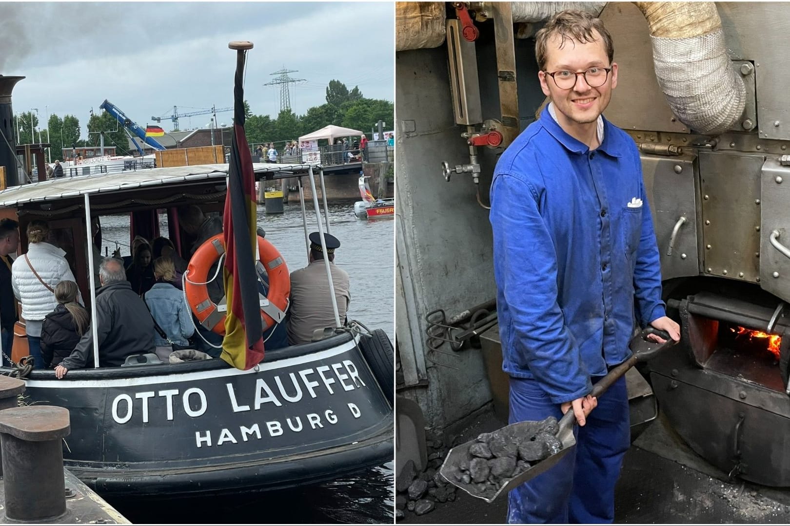 Das historische Dampfschiff "Otto Lauffer" beim Harburger Hafenfest und Heizer Nico im Maschinenraum (v.l.n.r., Collage): Als Heizer ist Nico dafür zuständig, dass immer genug Druck im Kessel ist. Sonst bleibt der Dampfer stehen.