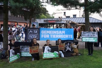 Aktivisten der Tierschutzorganisation Peta demonstrieren vor dem Haupteingang vom Tierpark Hagenbeck gegen die "Dschungel-Nächte".