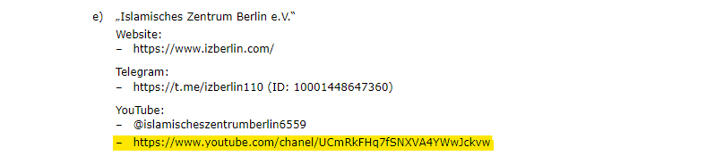 Die Bekanntmachung des Verbots des Islamischen Zentrums Hamburg im Bundesanzeiger (Screenshot): Auf die Verbotsliste kam versehentlich der YouTube-Kanal der Luxusmarke Chanel (von t-online gelb hervorgehoben).