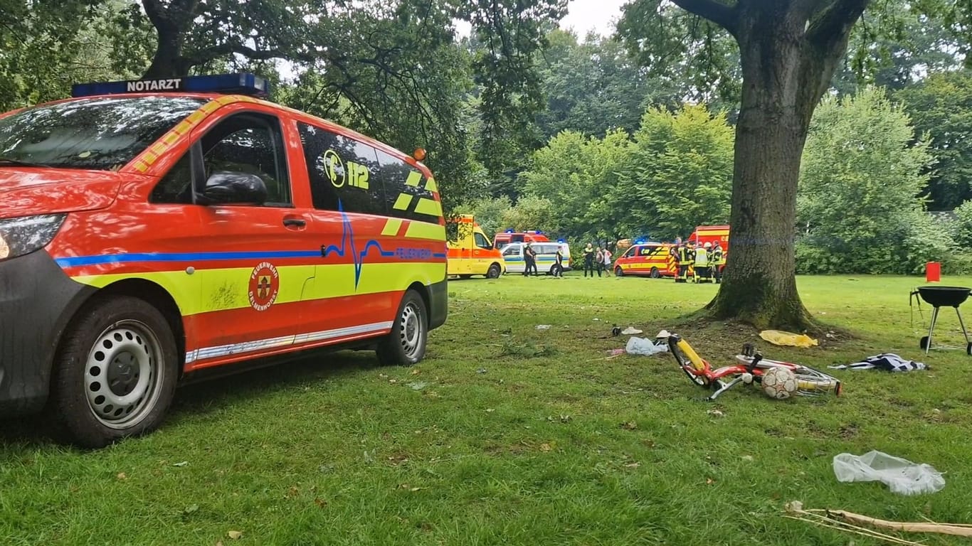 Einsatzfahrzeuge nach dem Blitzeinschlag in einem Delmenorster Park: Die Familie, die sich unter einem Baum aufgehalten hatten, wurden teilweise lebensgefährlich verletzt.