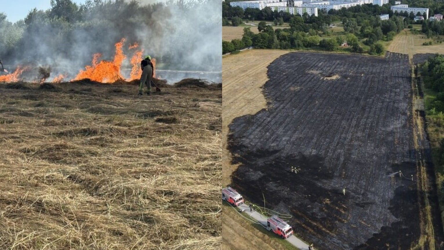 Links das brennende Feld, rechts eine Aufnahme zur Größe der betroffenen Fläche.