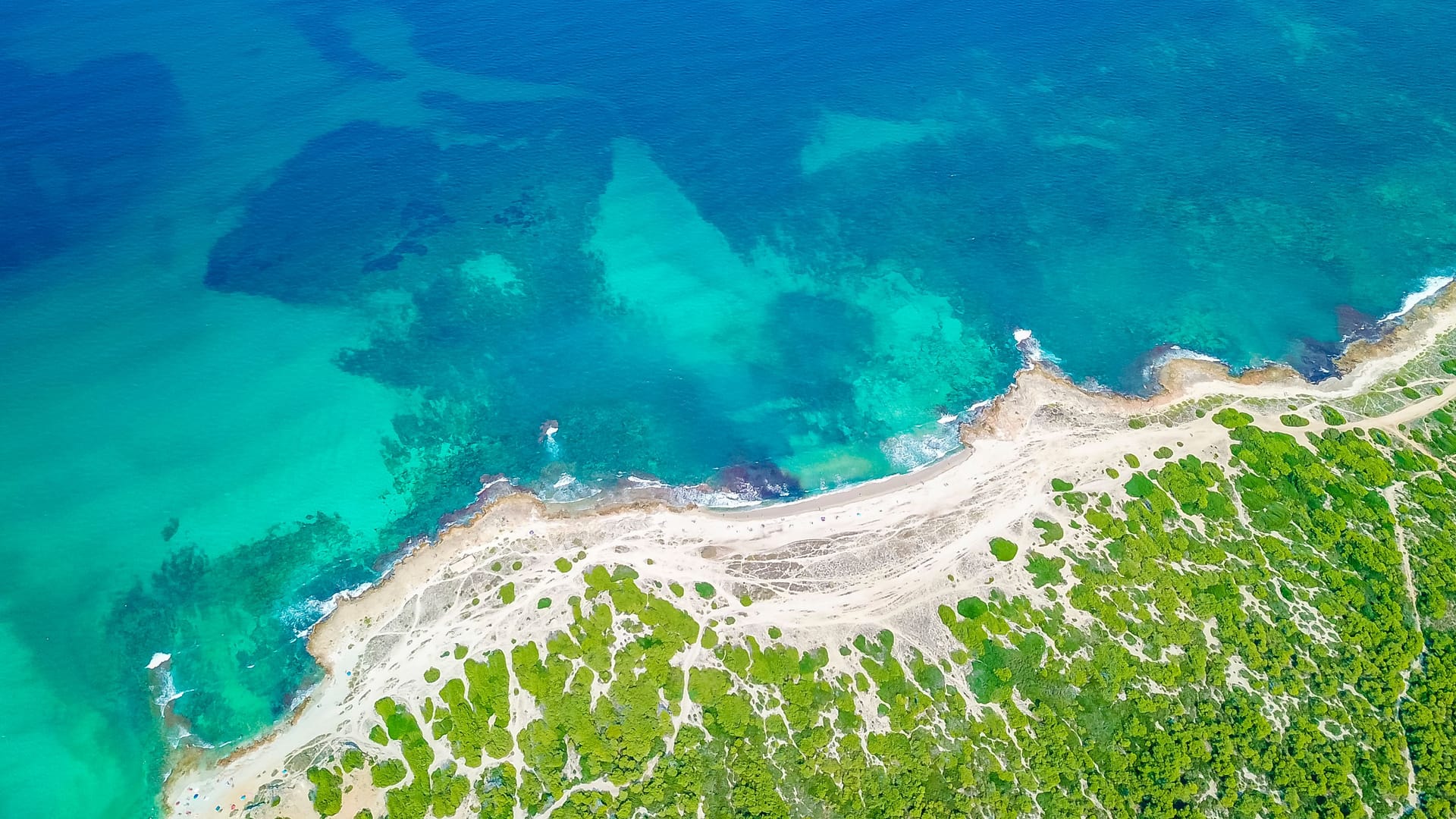 Beautiful coast beach drone landscape panorama Can Picafort Mallorca Spain.