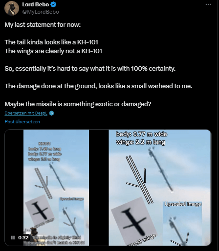 Vergleich: Der Account versuchte zu überzeugen, dass die Rakete keine russische KH-101 sein kann.
