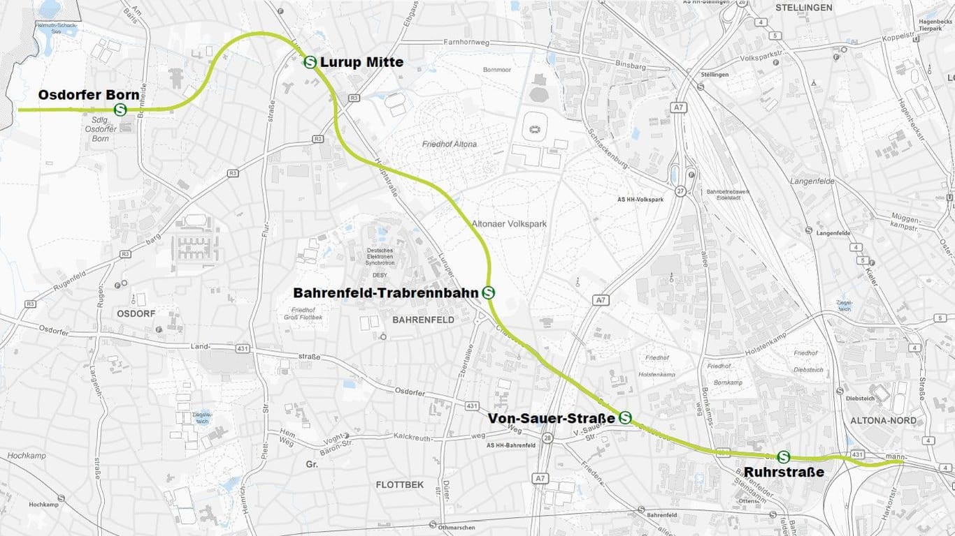 Die Grafik zeigt die geplante Trassenführung der neuen S-Bahn der Linie 6. Im bevölkerungsreichen Bahrenfeld sind rund 40.000 Menschen von der Maßnahme betroffen.