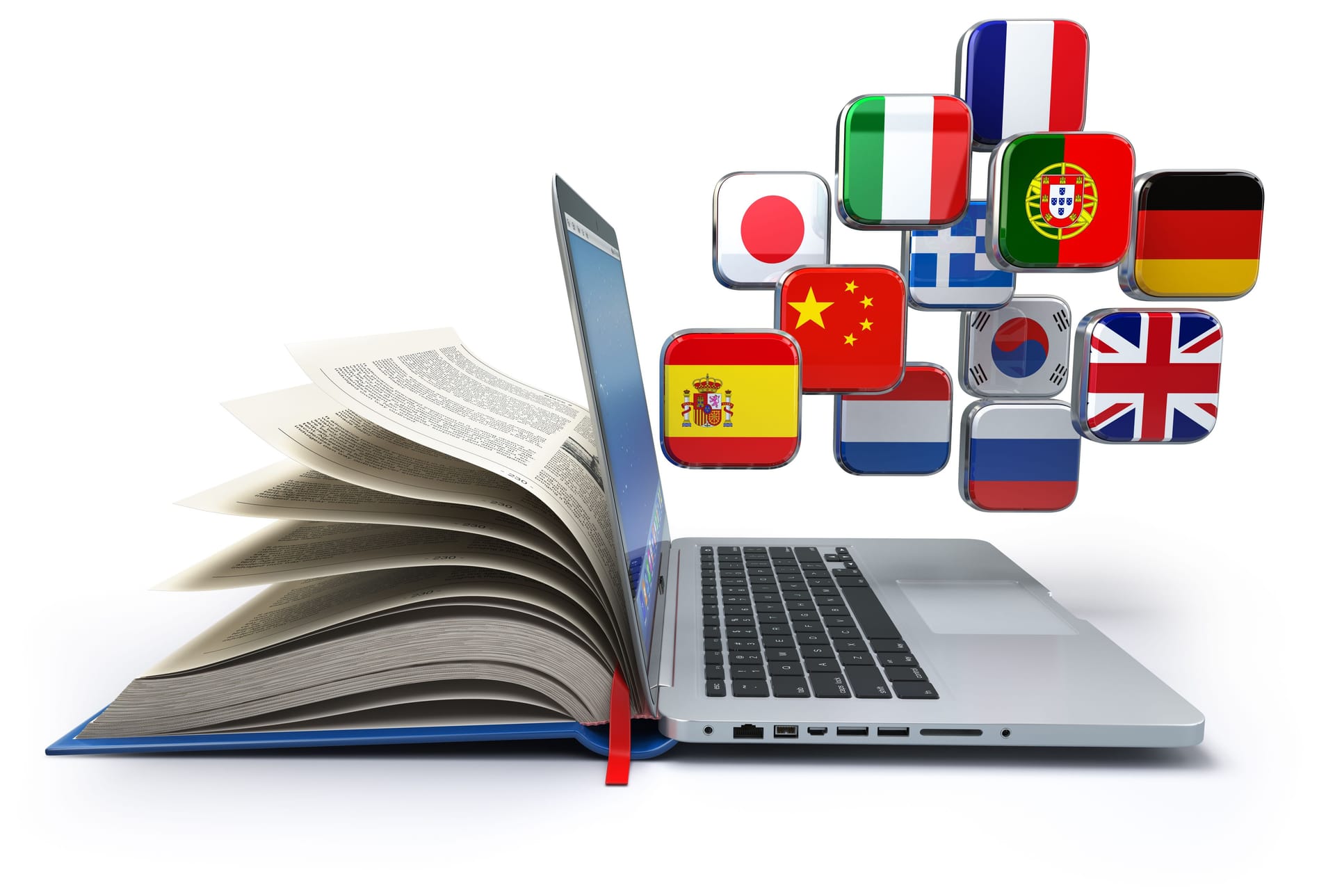 E-learning or online translator concept. Learning languages online. Laptop, book and flags.