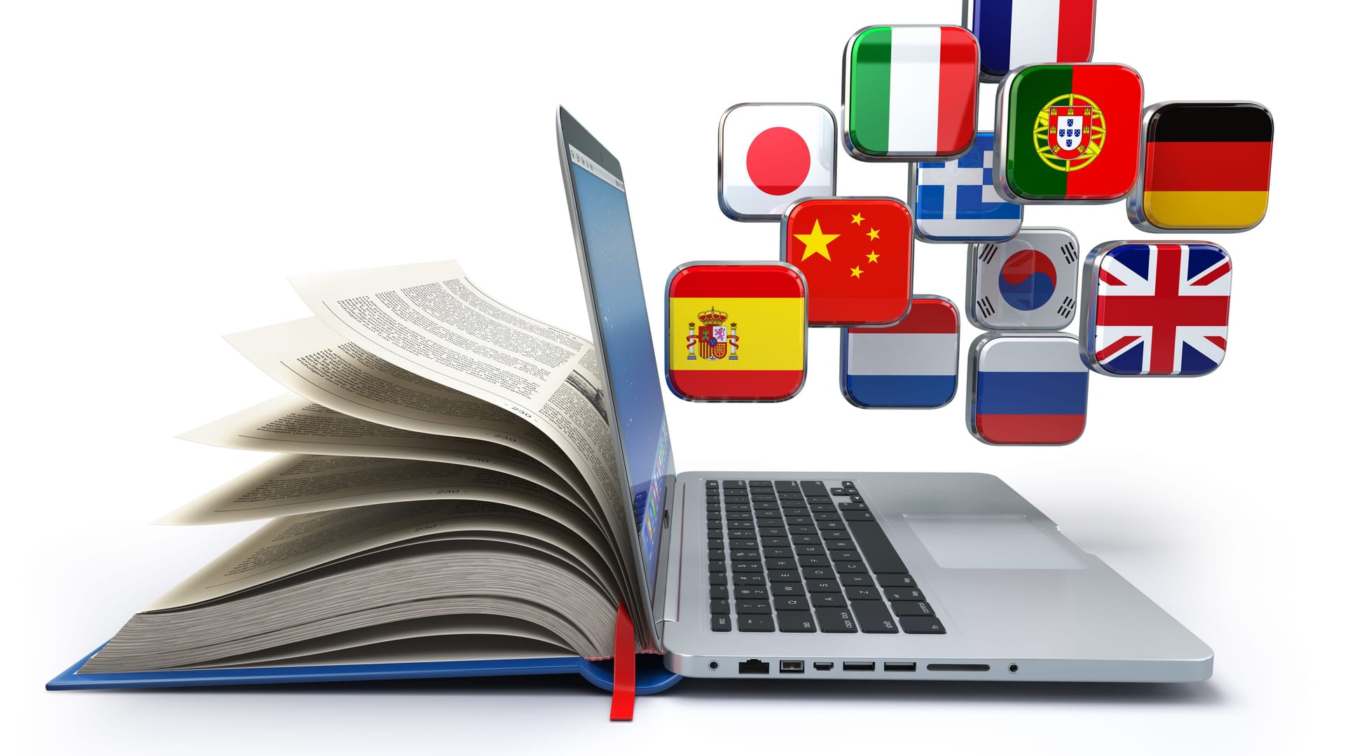 E-learning or online translator concept. Learning languages online. Laptop, book and flags.