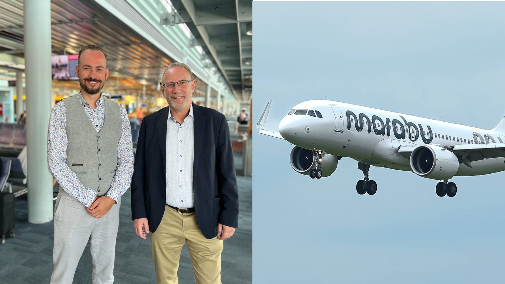 Marabu-CEO Axel Schefe (l.) und Flughafengeschäftsführer Michael Hupe (r.): Marabu-Flugzeuge werden in Nürnberg bald öfter zu sehen sein.