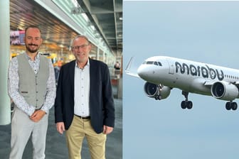 Marabu-CEO Axel Schefe (l.) und Flughafengeschäftsführer Michael Hupe (r.): Marabu-Flugzeuge werden in Nürnberg bald öfter zu sehen sein.