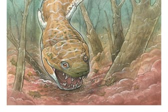 Eine Illustration von Gaiasia jennyae, der räuberischen Sumpf-Kreatur.