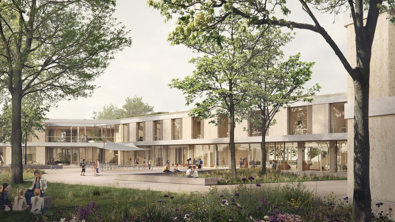 Entwurf der Friedrich-Fröbel-Schule in Frankfurt-Niederrad von pussert kosch architekten mit Rehwaldt Landschaftsarchitekten und reich + hölscher TGA-Planer.
