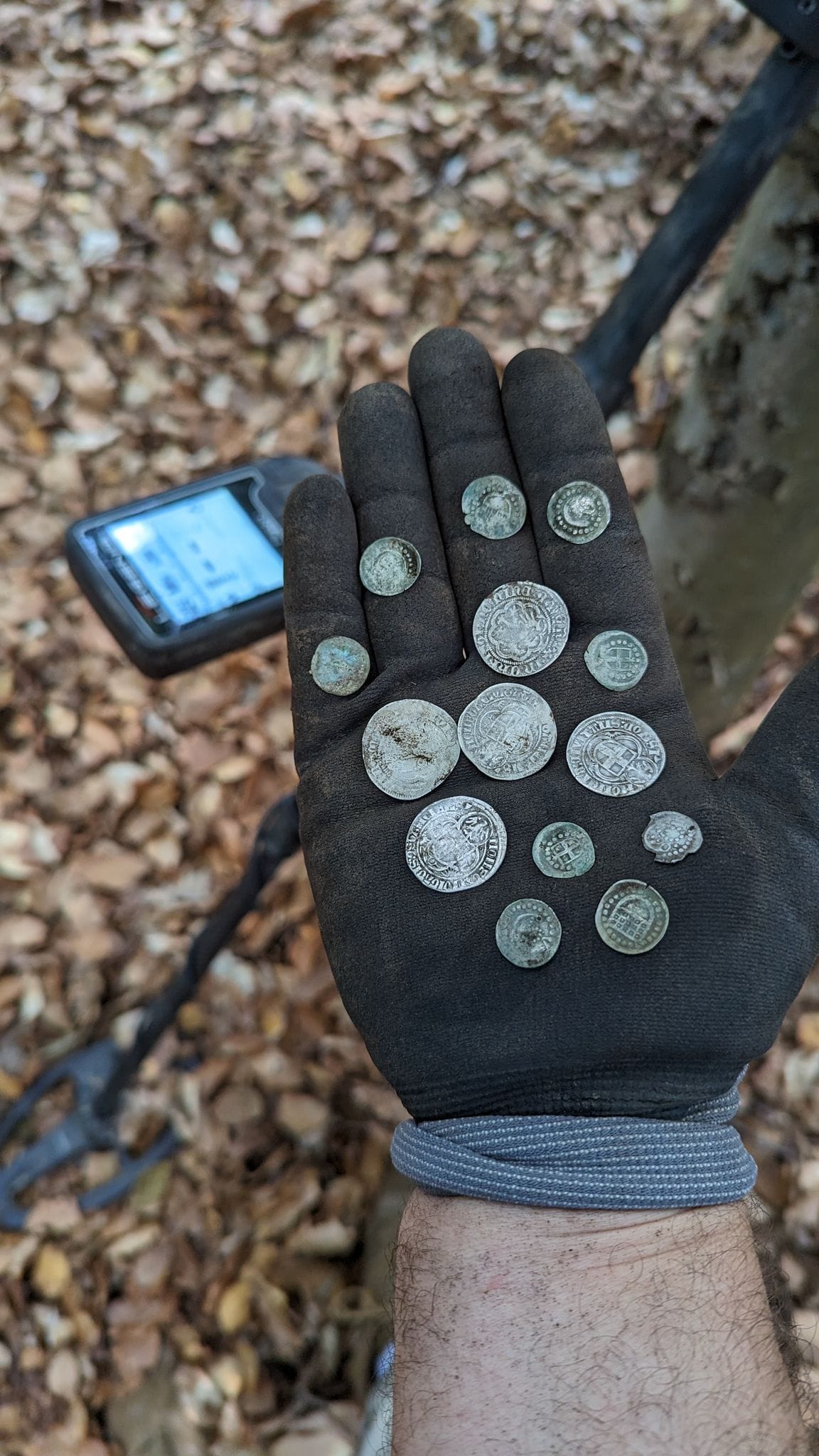 Der Kölner Profi-Schatzsucher Carsten Konze hält 14 mittelalterliche Silbermünzen in seiner Hand, die er in Bayern gefunden hat.