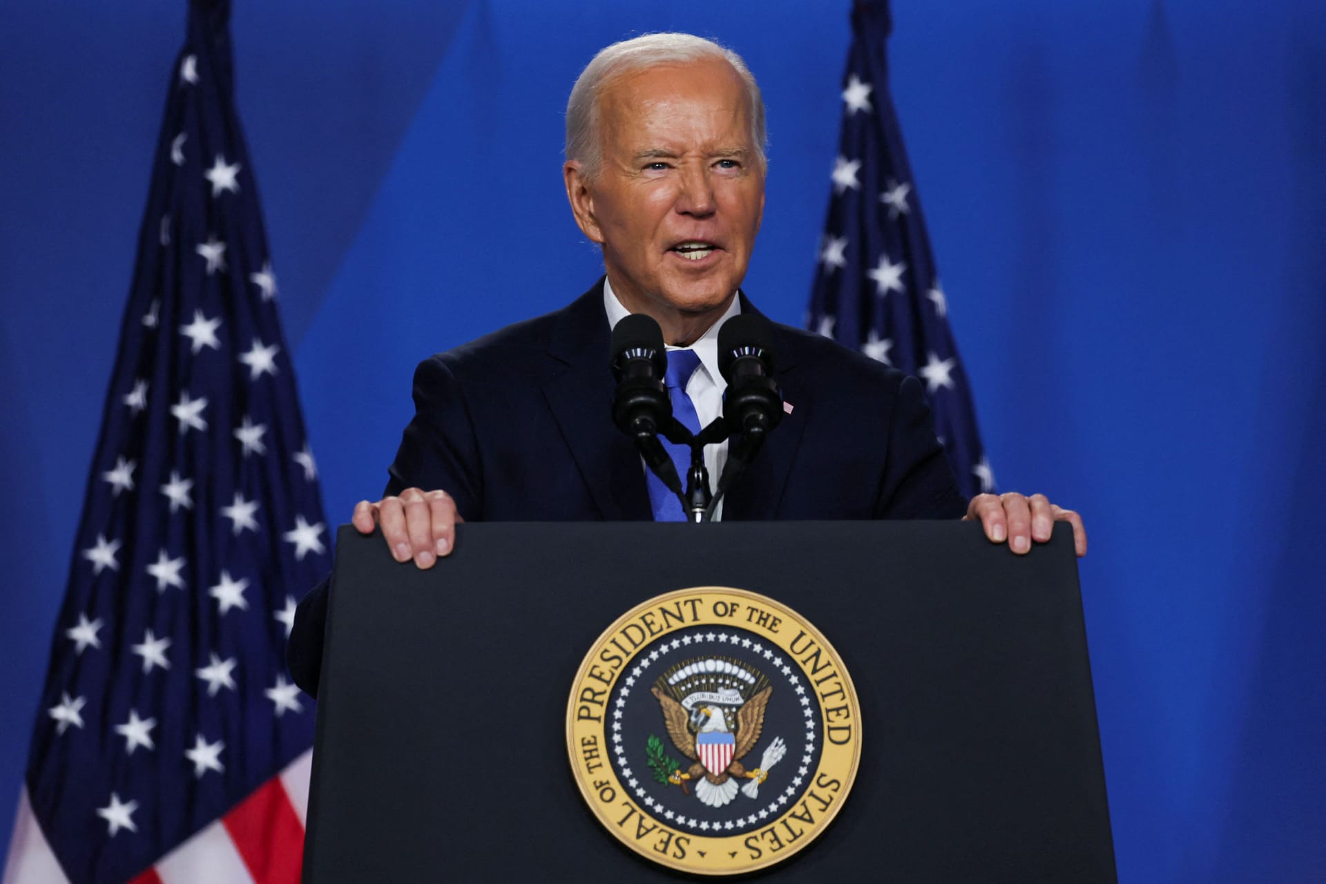 Hält an seinem Posten fest: Präsident Joe Biden bei seiner Pressekonferenz in Washington.