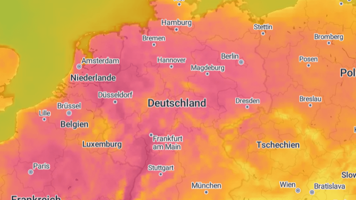 Die Wetterkarte von t-online glüht rot: In einem großen Teil Deutschlands gibt es Höchsttemperaturen.