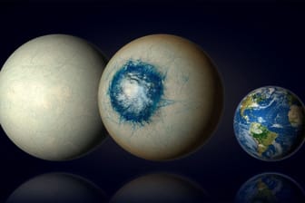 "LHS 1140 b" könnte eine Eiswelt sein (links) oder ein Eisplanet mit einem Ozean (Mitte). Der Himmelskörper ist etwa 1,7-mal so groß wie die Erde.