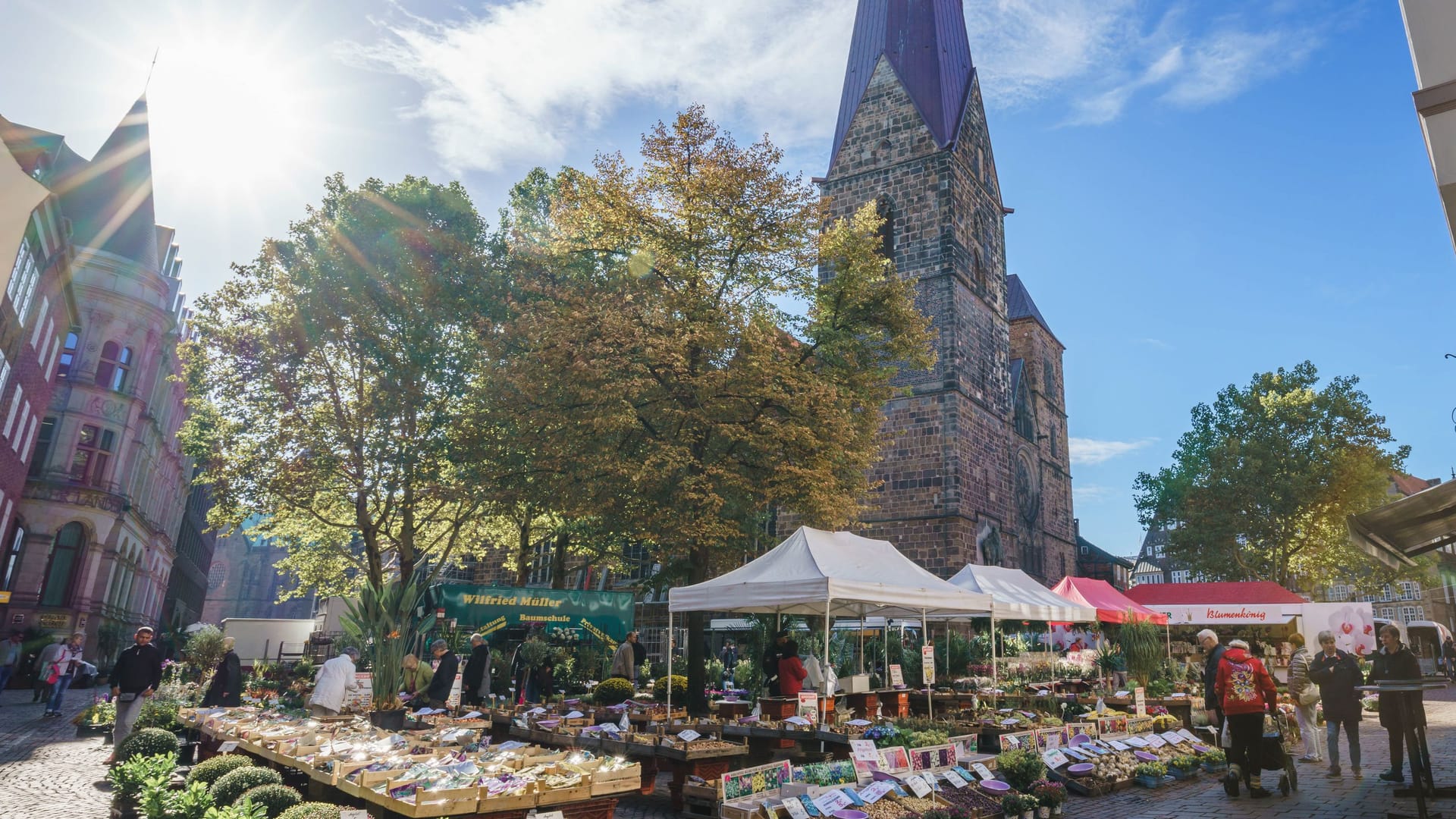 Sonniges Wetter auf dem Marktplatz von Bremen (Symbolbild): Zum Wochenende können in der Hansestadt Badehose und Sonnenschirm ausgepackt werden.