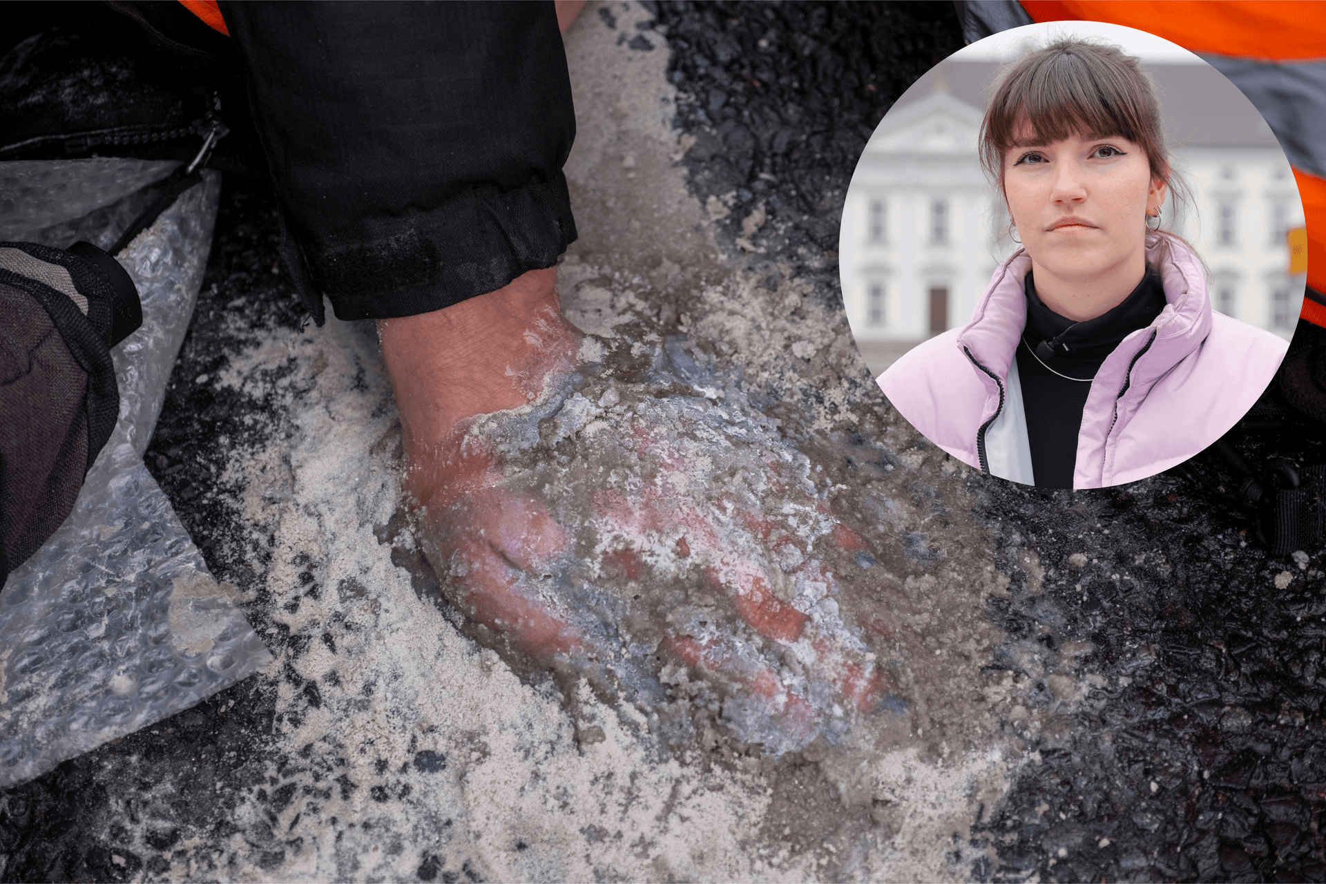 Eine fest geklebte Hand und Carla Hinrichs, Sprecherin der "Letzten Generation".