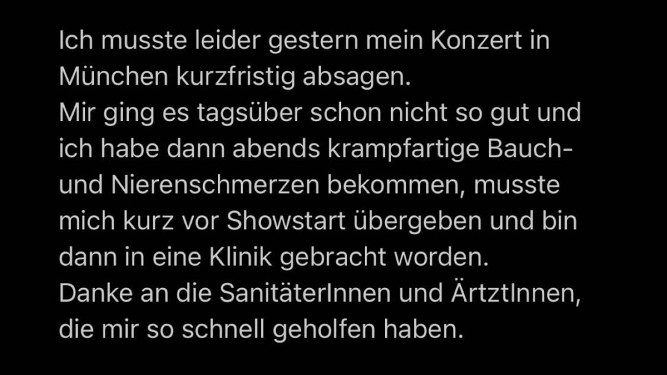 In ihrer Instagram-Story lässt Lena Meyer-Landrut ihre Fans wissen, warum sie ihr Konzert in München kurzfristig absagen musste.