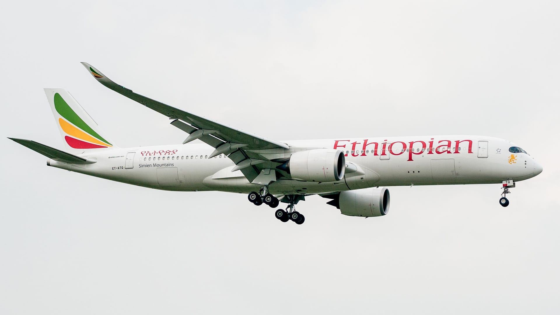 LONDON, ENGLAND - SEPTEMBER 27, 2017: Ethiopian Airlines Airbus A350 ET-ATQ landing in London Heathrow International Airport.