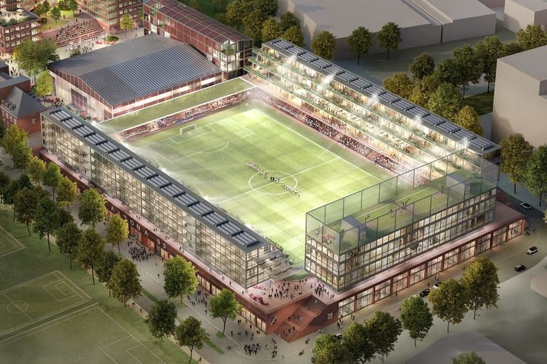 Die Grafik zeigt das geplante Stadion am Diebsteich (Archivbild): Die Fertigstellung war ursprünglich für Ende 2026 geplant.