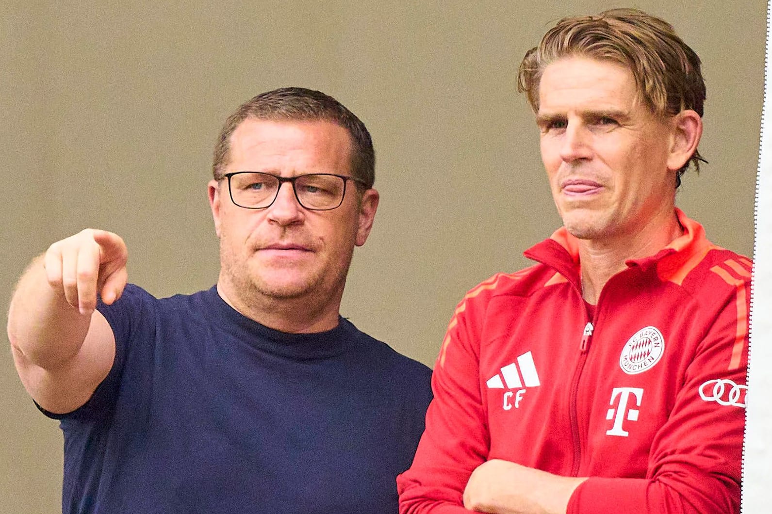 Max Eberl (l.) und Christoph Freund: Der Sportvorstand und der Sportdirektor des FC Bayern haben mit dem geplanten Umbruch der Mannschaft nach wie vor viel zu tun.