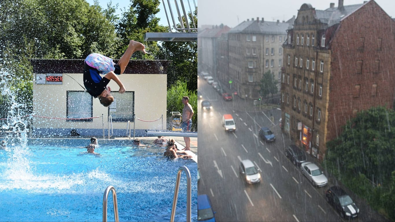 Zwischen Hitze und Regen (Archivbilder): Badehose und Regenschirm sind diesen Sommer in Nürnberg gleichermaßen begehrte Accessoires.