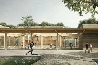 Modell des Neubaus: Ein moderner Bau soll die Besucher des Grugaparks zukünftig am Eingang "Essen-Holsterhausen" begrüßen.