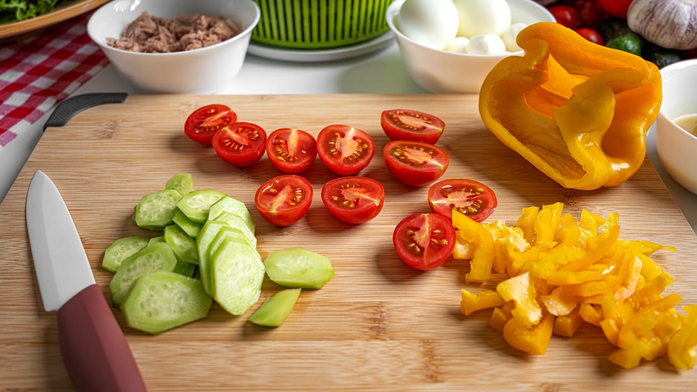 Chopped fresh vegetables for salad.