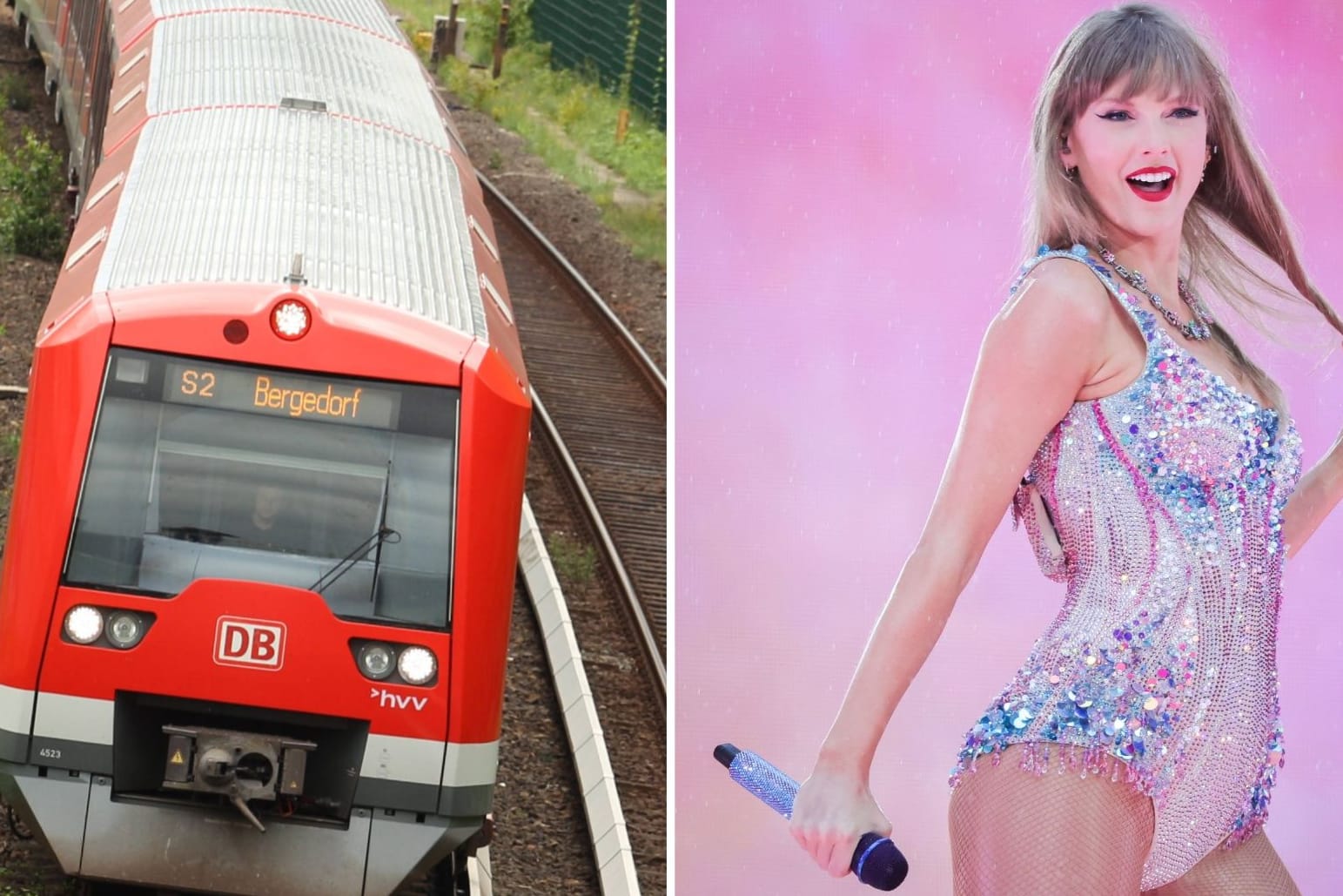 Die S-Bahn Hamburg und Taylor Swift im Volksparkstadion (Collage): Die S-Bahn Hamburg begrüßte die Swift-Fans in den Zügen mit einer persönlichen Note.