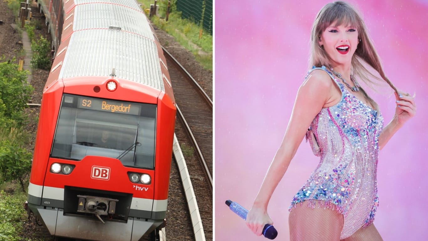 Die S-Bahn Hamburg und Taylor Swift im Volksparkstadion (Collage): Die S-Bahn Hamburg begrüßte die Swift-Fans in den Zügen mit einer persönlichen Note.