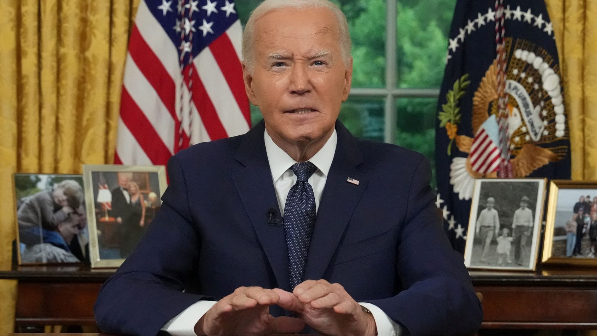 U.S. President Joe Biden addresses the nation from the Oval Office in the White House, in Washington