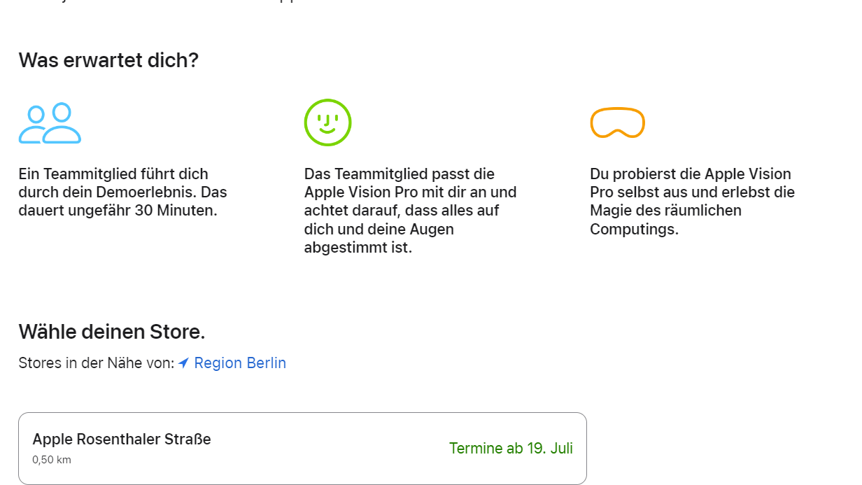 Vision Pro ausprobieren: Das geht ab sofort in einem Apple-Store. Den Termin können Sie online buchen. Quelle: Screenshot apple.com/de