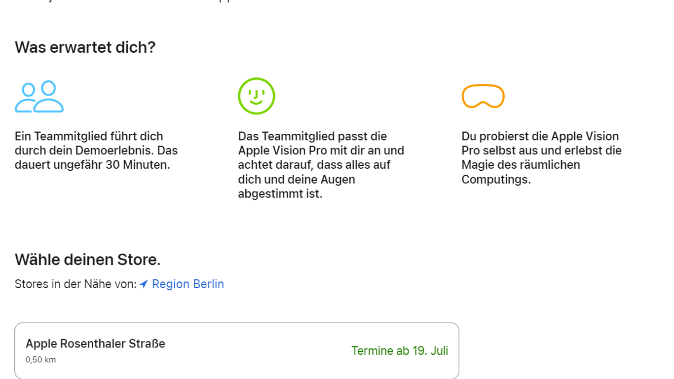 Vision Pro ausprobieren: Das geht ab sofort in einem Apple-Store. Den Termin können Sie online buchen. Quelle: Screenshot apple.com/de