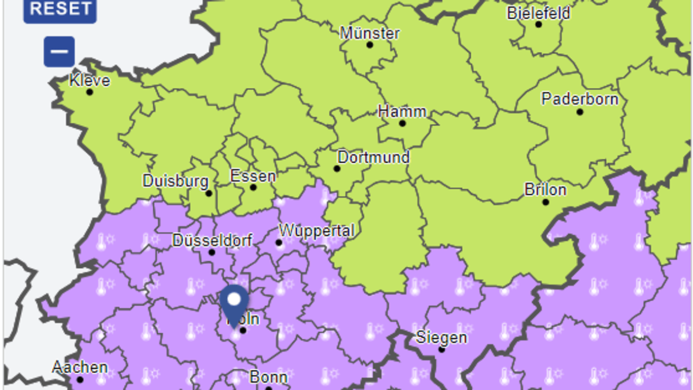 Hitzewarnung für Teile von NRW (Screenshot): Auch Düsseldorf ist betroffen.