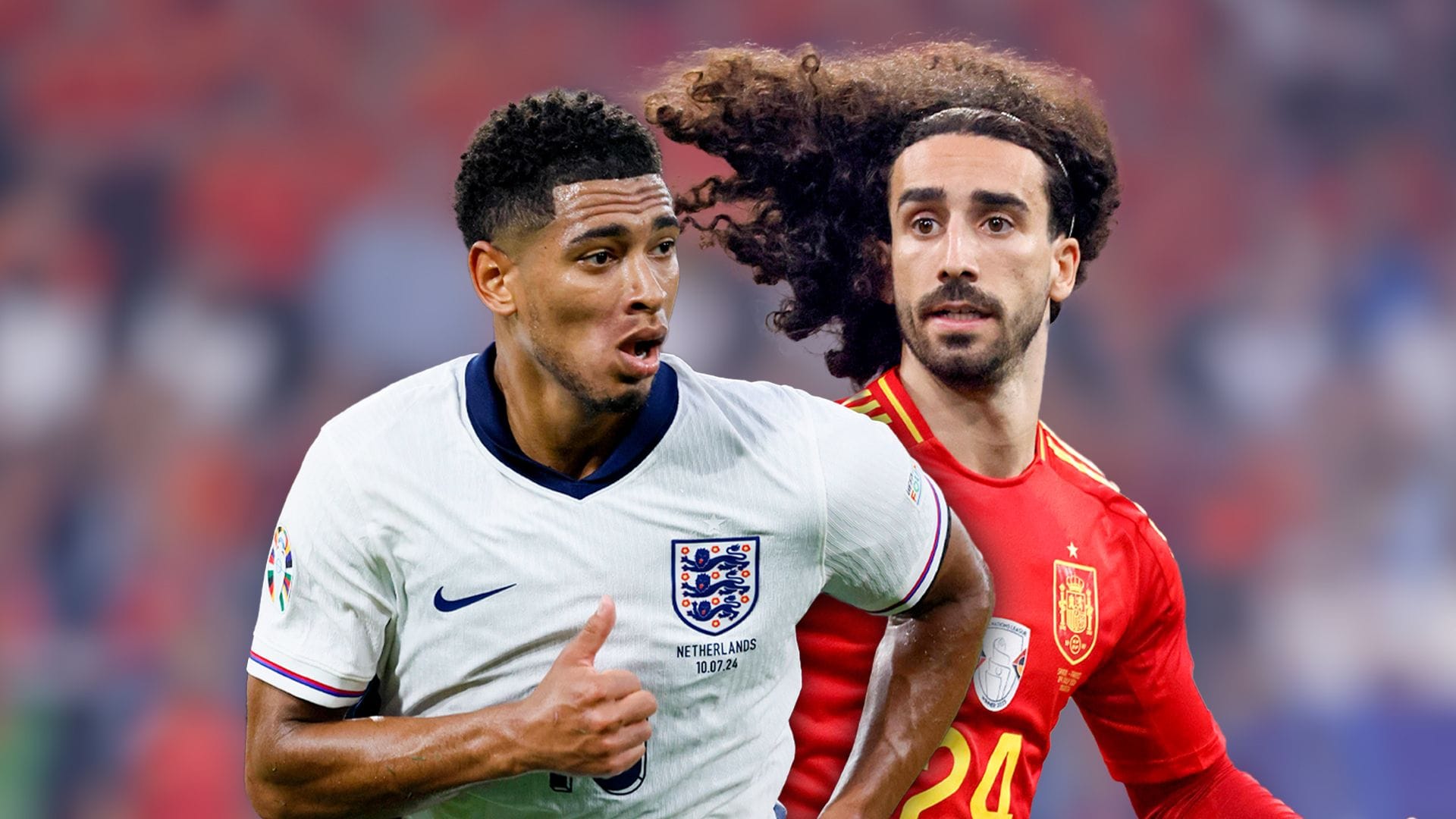 Jude Belligham und Marc Cucurella (r.): England und Spanien treffen im EM-Finale aufeinander.