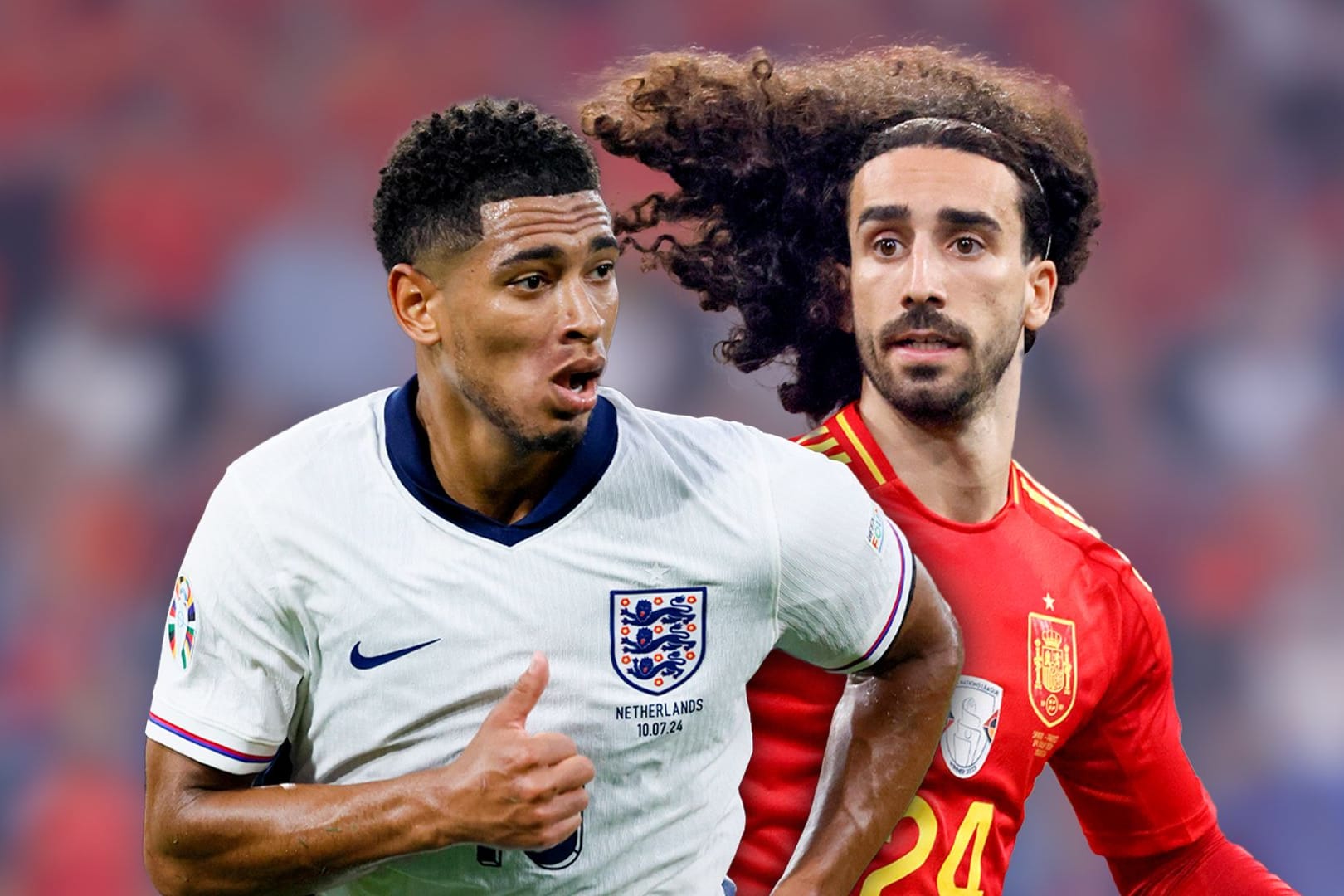 Jude Belligham und Marc Cucurella (r.): England und Spanien treffen im EM-Finale aufeinander.