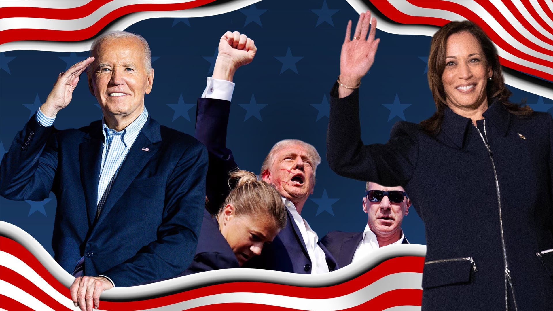 Ihr Wahlkampf hat mehr Wirrungen und Wendungen als eine verrückte Fernsehserie: Joe Biden, Donald Trump und Kamala Harris.