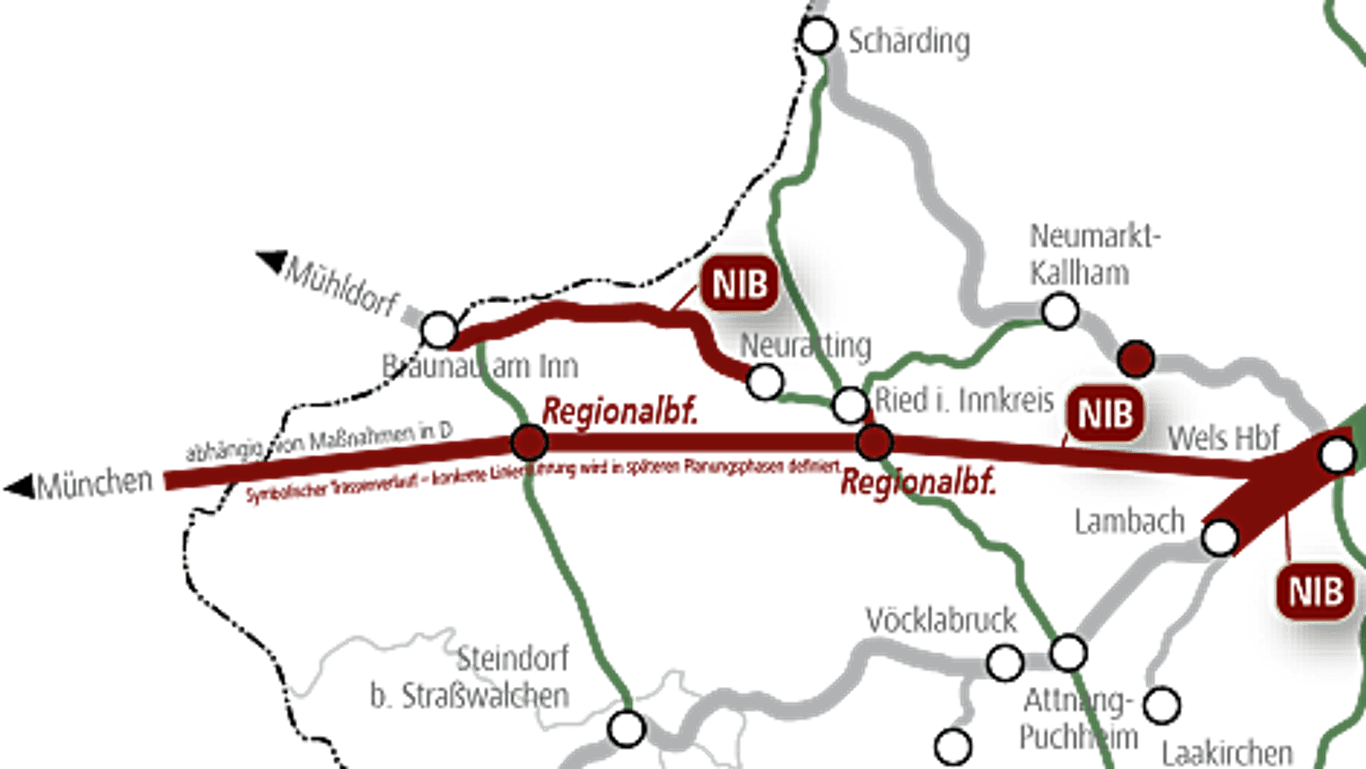 Möglicher Verlauf der neuen Strecke der Innkreisbahn: Bis überhaupt mit dem Bau begonnen werden kann, könnte es noch Jahre dauern.