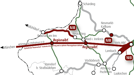 Möglicher Verlauf der neuen Strecke der Innkreisbahn: Bis überhaupt mit dem Bau begonnen werden kann, könnte es noch Jahre dauern.