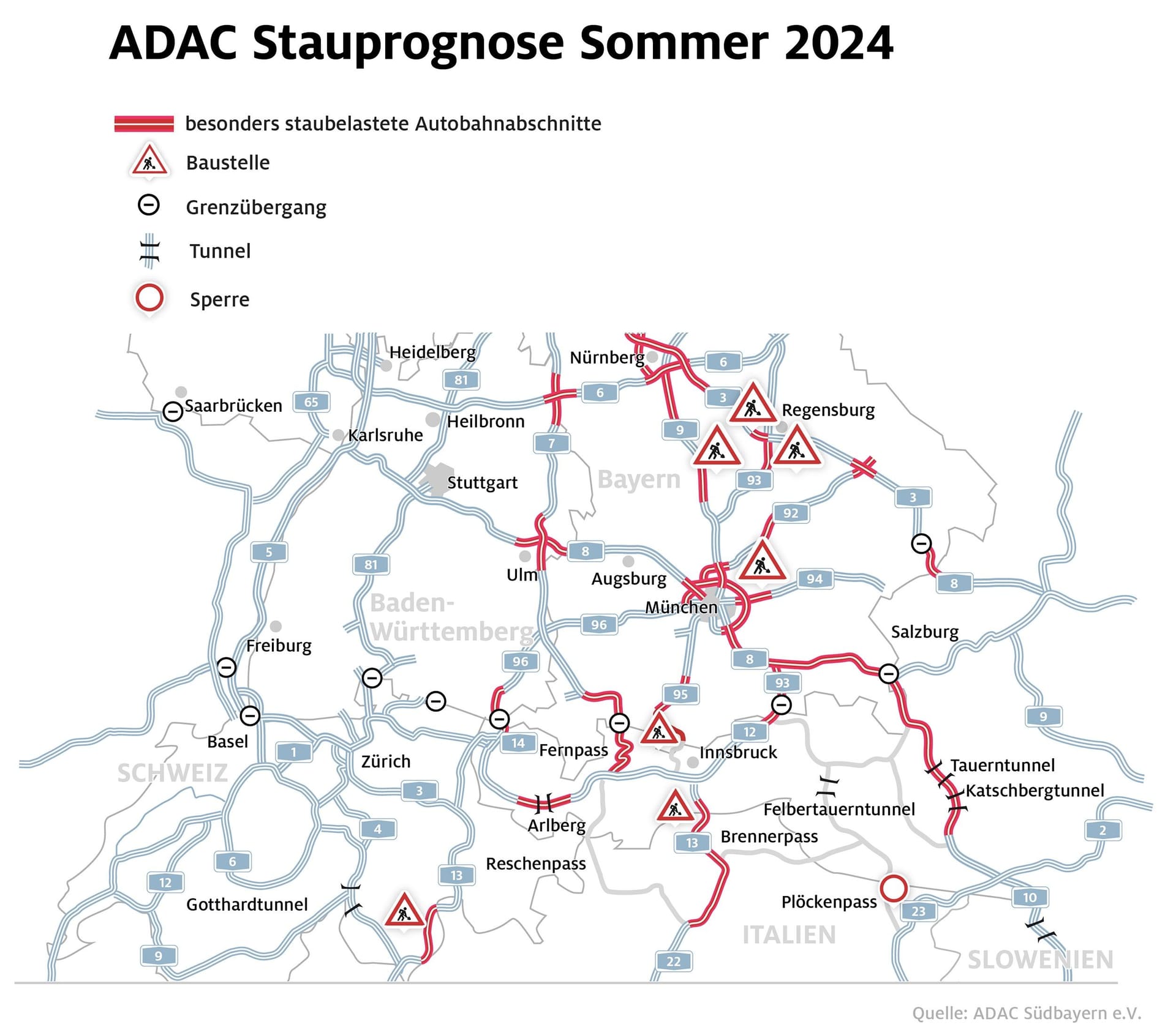 Auf den markierten Strecken soll es laut dem ADAC besonders zu Staus kommen.