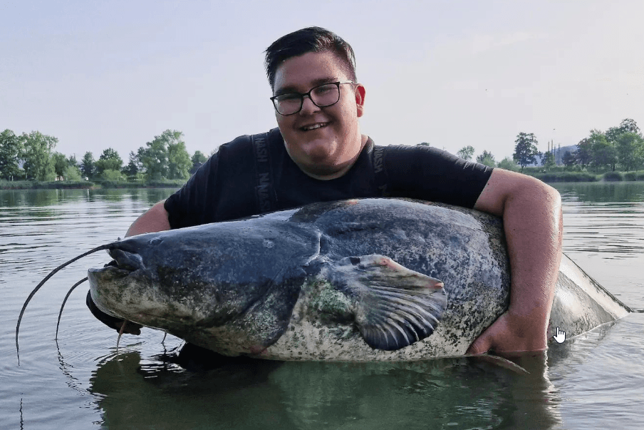 Raphael Poik mit seinem Fang: Ein 2,17 Meter langer und 85 Kilogramm schwerer Wels.