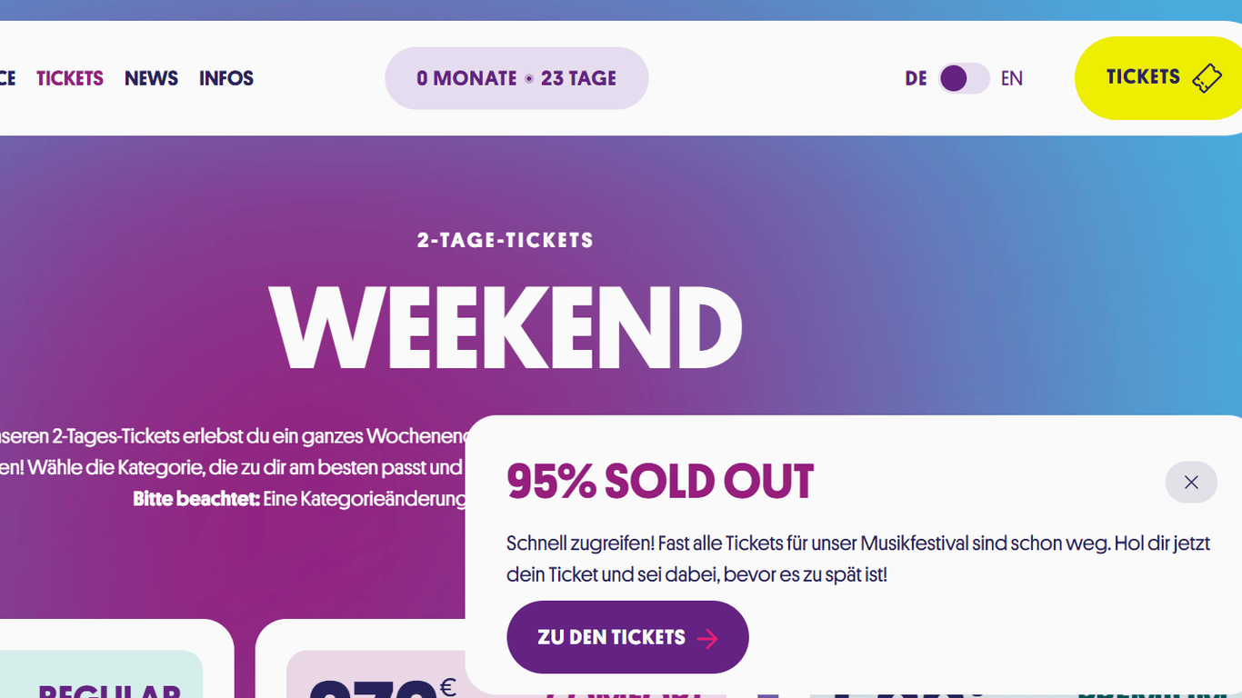 Fast ausverkauft: Diese Nachricht ploppt auf, wenn man in den Ticketshop des Superblooms geht.