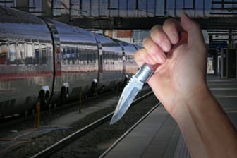 FOTOMONTAGE:Themenbild,Symbolfoto: Hunderte Messertaten an deutschen Bahnhoefen. Politik fordert strengere Auflagen fuer Messer und Messerverbot.