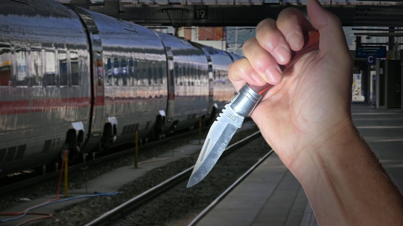 FOTOMONTAGE:Themenbild,Symbolfoto: Hunderte Messertaten an deutschen Bahnhoefen. Politik fordert strengere Auflagen fuer Messer und Messerverbot.