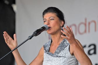 Sahra Wagenknecht, top candidate of Germany's "Buendnis Sahra Wagenknecht" (BSW) speaks during an election campaign rally for the Saxony state elections in Dresden, August 28, 2024.