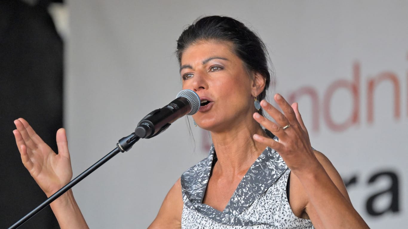 Sahra Wagenknecht, top candidate of Germany's "Buendnis Sahra Wagenknecht" (BSW) speaks during an election campaign rally for the Saxony state elections in Dresden, August 28, 2024.